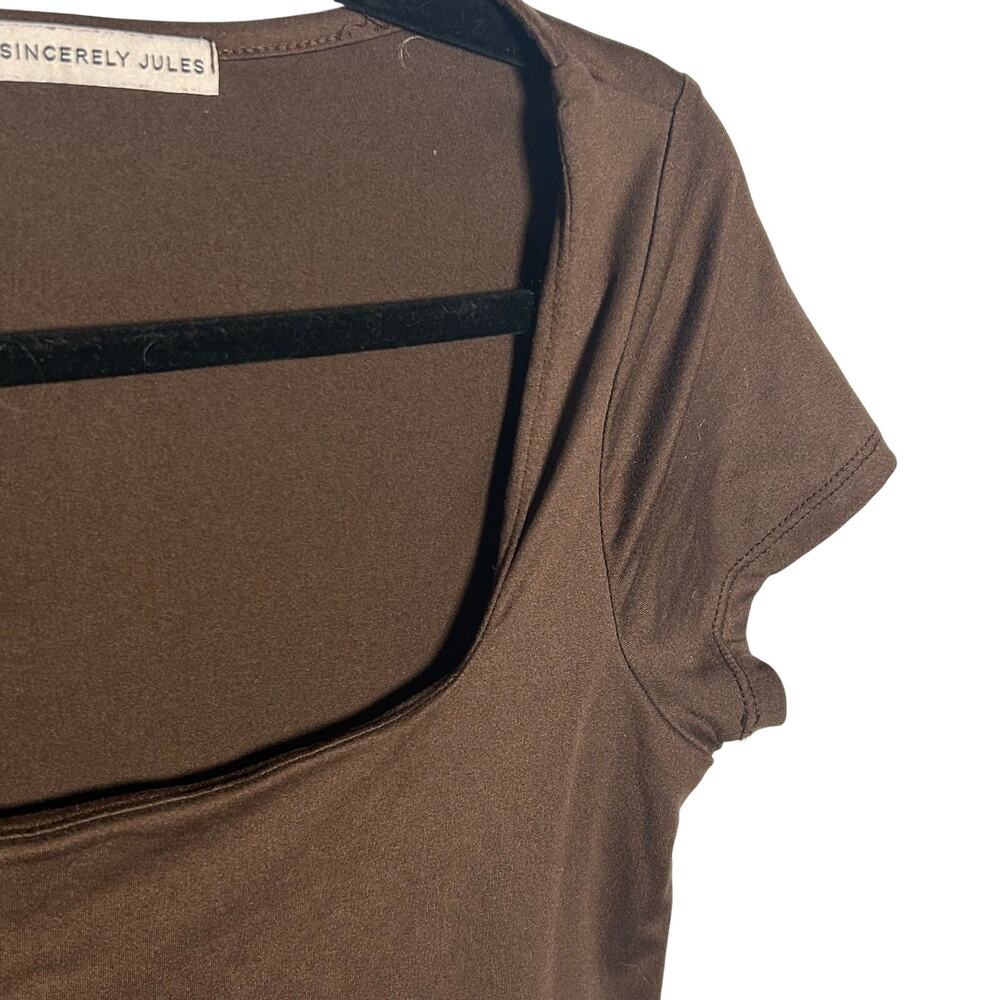 Sincerely Jules Chocolate Brown Square Neck Short Sleeve Top Minimalist Size M - Picture 6 of 8